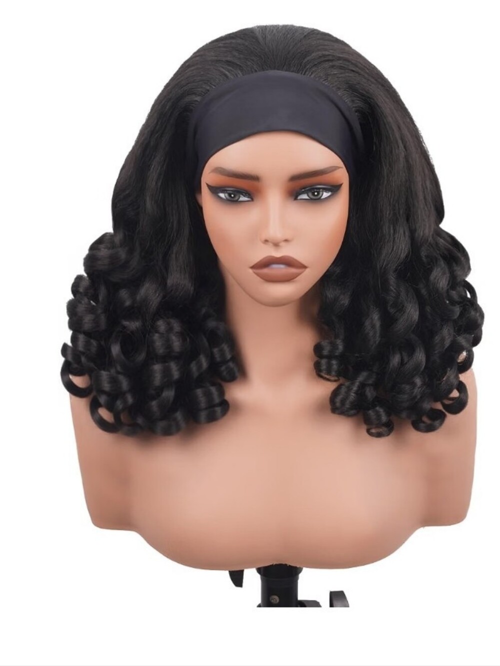 Yaki Curly Headband Wig Wear & Go Glueless Synthetic 16" 180% Density 1B